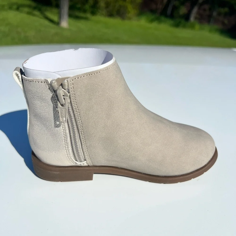 Little Girls Beige Side-Zip Ankle Boots with Braided Accent